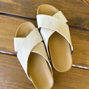 Rothy's Cream and Tan Crossover Sandals
